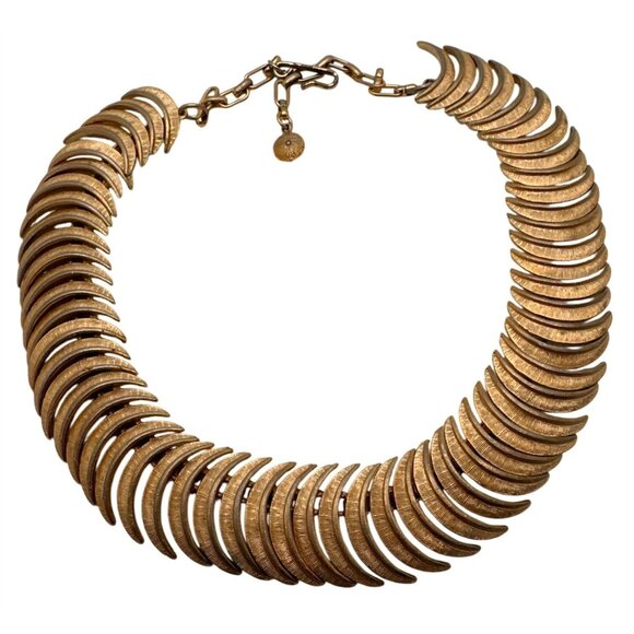 Vintage Mid Century Articulated Link Collar Necklace Crescent Bone Unsigned - Picture 2 of 13
